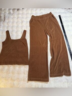 Brown Velour Lounge Set - Sz S Tank Top & Wide Leg Pants Casual Minimalist Y2K